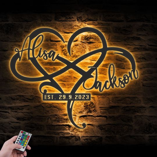 Custom Name And Date Metal Wall Art LED Light Personalized Heart And Infinity Name Sign Home Decor Wedding Love Valentine Day Decoration