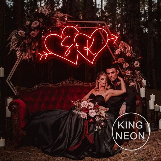 Custom Initials Double Heart With Arrow LED Neon Sign, Name Neon Light Minimalist Wedding Party Backdrop Bedroom Decor Valentine's Day Gift