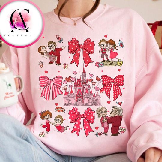 Disney Pink Coquette Bows Carl and Ellie Valentine Sweatshirt, Disney Up Characters Valentine Couple Matching Sweatshirt