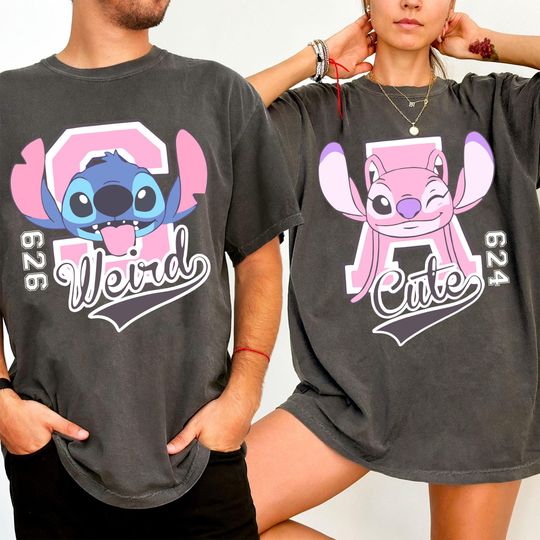 Stitch And Angel Weird Happy Valentine's Day 2025 T-Shirt, Lilo & Stitch Valentines Couple Matching T-Shirt