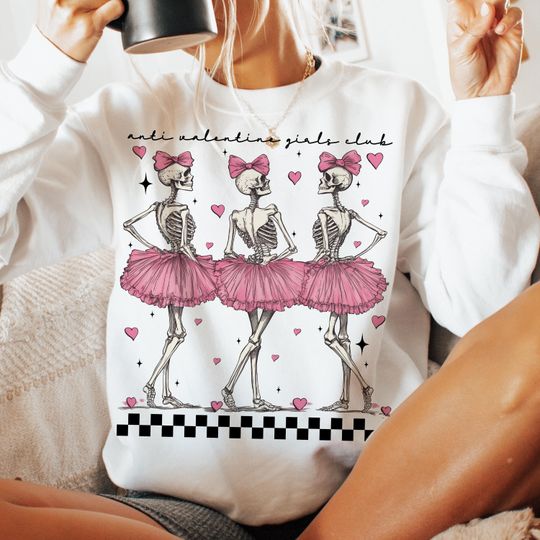 Anti Valentine girls Club skeleton Sweatshirt, Coquette Valentines Sweatshirt