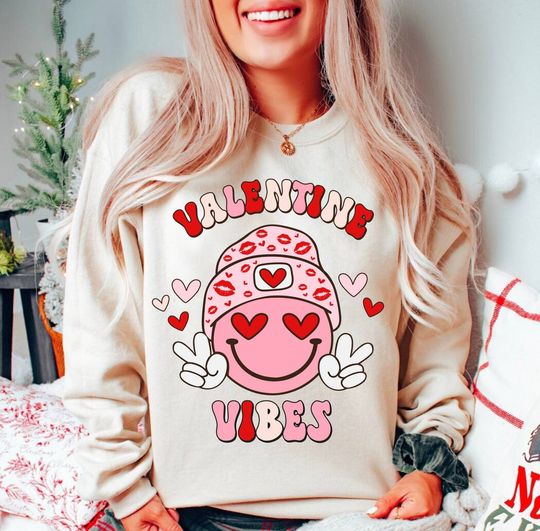 Valentine Vibes Sweatshirt, Valentines Day Sweatshirt, Smiley Face Sweatshirt