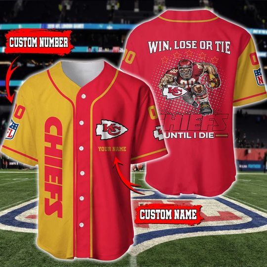 Personalized Kansas City Chiefs Baseball Jersey, Win Lose Or Tie Chiefs Until I Die Baseball Jersey