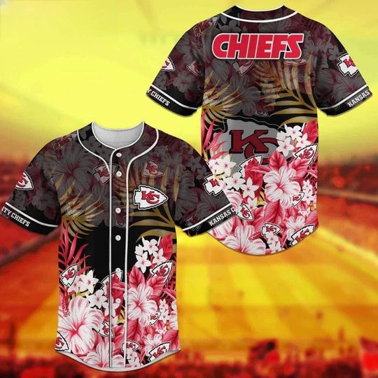 Kansas City Chiefs Baseball Jersey, Chiefs Flower Hawaii Baseball Jersey