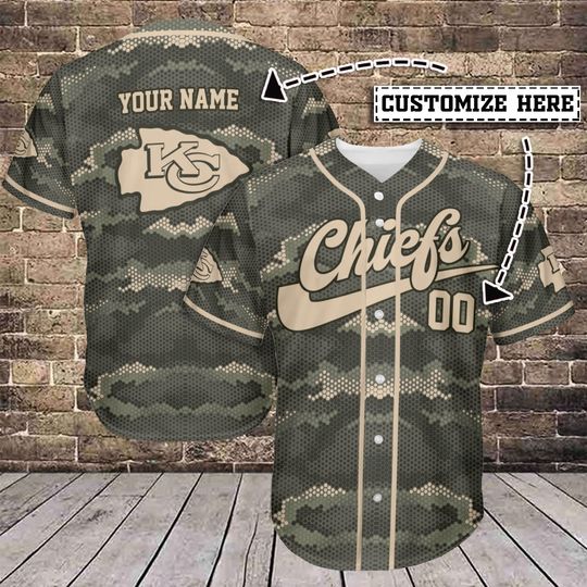 Personalized Kansas City Chiefs Baseball Jersey, Chiefs Camo Football Team Baseball Jersey