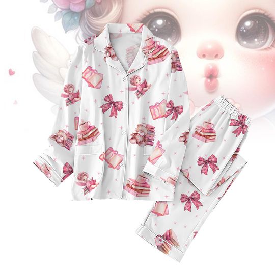 Coquette Bow Women Pajamas Set, Pink Angels Valentine Sleepwear, Pink Cupid T-Shirt Pants Set, 2025 Valentine Pajamas Gift, Gift For He