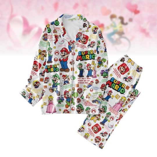Gaming Valentine Pajamas Set, Mario Princess Peach Couple Sleepwear, Mario Pyjamas, Mario Night Pajamas, Couple Gifts For Her Him