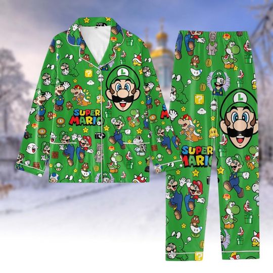 Luigi Pajamas Set, Gaming  Pajamas, Family Mario Sleeve Pajama, Super Daddio Pajamas Women, Gaming Night Pajamas, HP Thick Pajamas