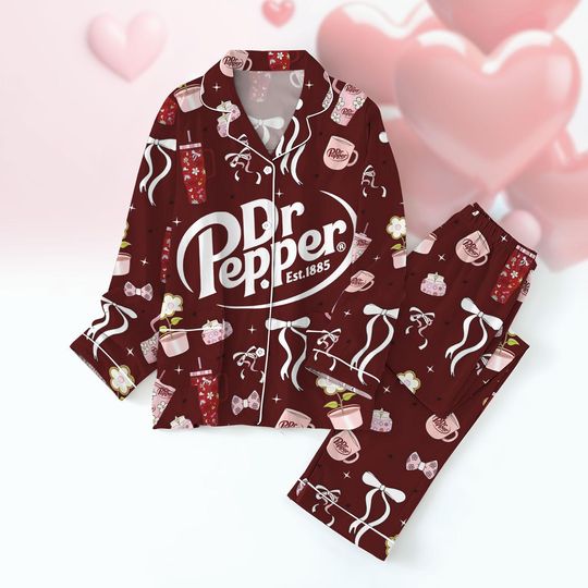 Dr Pepper Valentine Pajamas Set, Soda Pink Bows Fleece Pajamas, Soda Can Sleepwear, Gift For Soda Lover, Dr. Pepper Drink Loungewear