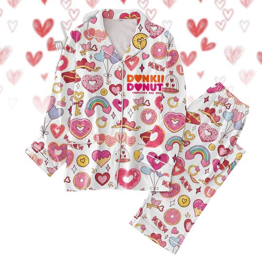 Dunkin Donut Valentine Pajamas Set, Coffee Lover Holiday Pajamas, Drinking Lover Midnight Shirt, Dunkie Junkie Bridesmaid Pajamas