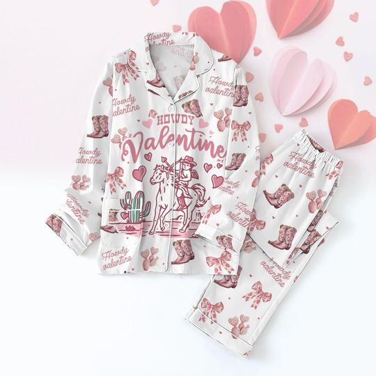 Howdy Valentine Pajamas Set, Cowboy Valentine T-Shirt Pants Set, Wild Western Cowboy Sleepwear, Howdy Valentine Horse