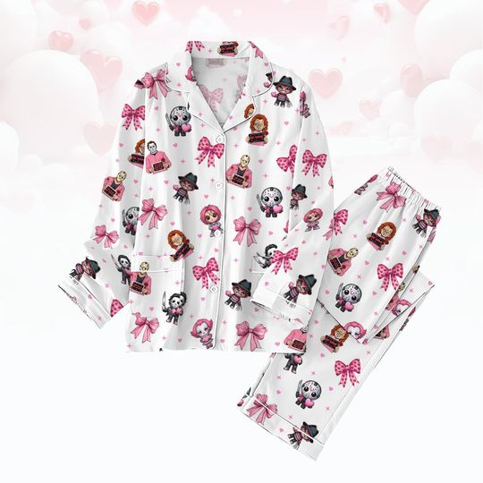 Horror Character Pajamas Set, Scary Movie Valentine T-Shirt, Pink Valentine Sleepwear, Killer Valentine Couple Pjs For Women Men