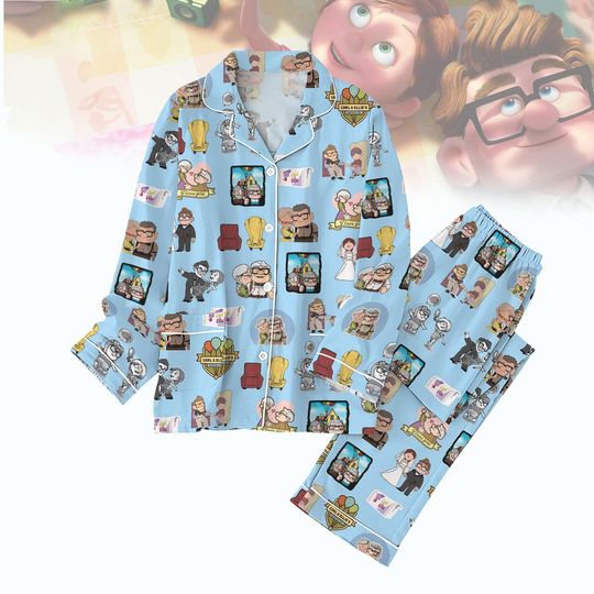 Carl And Ellie Couple Pajamas, His Ellie Her Carl Valentine T-Shirt Pants Set, Disney Valentine Couple Loungewear, Disney Honeymoon Gif