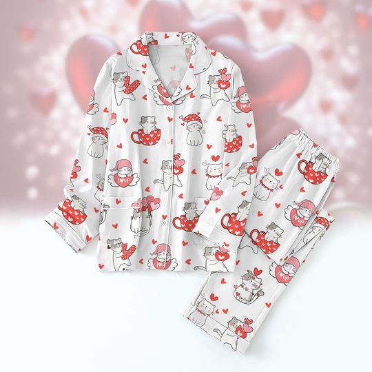 Discover Cat Valentine Pajamas Set, My Cat Is My Valentine Shirt, Gift for Cat Lover, Cat Love Couple Loungewear, Valentine Day Gift For Couple