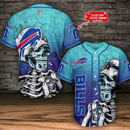 Personalized Buffalo Bills Baseball Jersey, Bills Skull Baseball Jersey