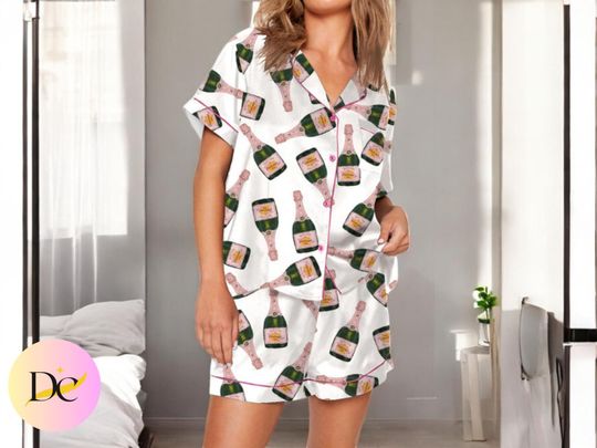 Champagne Pajama Short Set - Wine Bottle Pajamas, Cute Women's Pajamas, Breathable Loungewear, Bachelorette Party, Bridal Party Gift