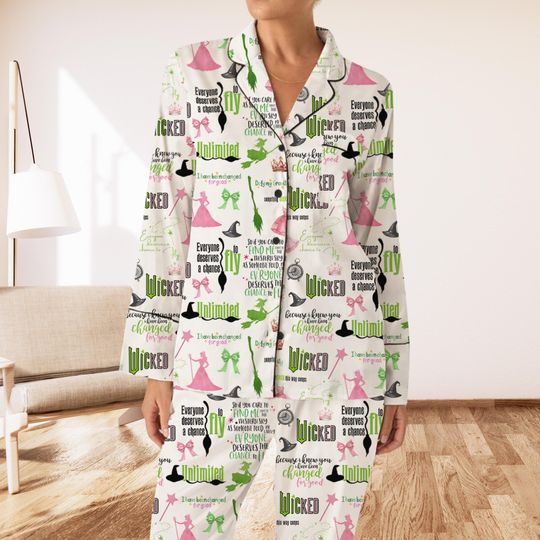 Wicked Change For Good Glitter Pajamas, Defy Gravity Broomstick Magic Wand Pajamas, Wicked Musical Movie Fan Pajamas, Wizard of Oz Pajamas
