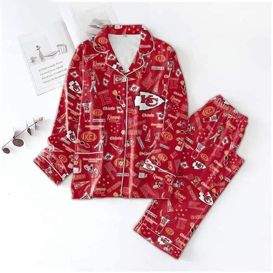 Kansas City Football Christmas Satin Pajamas, Kansas City Football Satin Pajamas, Chiefs Football Satin Pajamas, American Football Fan Gifts