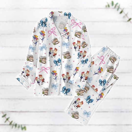 Bow Coquette Carl And Ellie Couple Pajamas Set, Disney Pixar Up Shirt, Up House Balloons His Ellie Her Carl Pajamas, Disneyland Pajamas