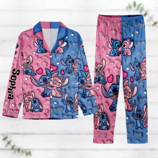 Valentines Day Gift, Custom Stitch And Angel Pajamas Set, Disney Couple Pajamas, Stitch Matching Pajamas, Movie Cartoon Holiday Pajamas