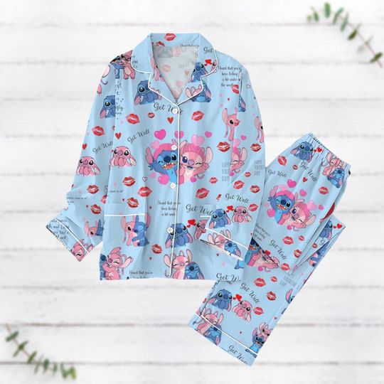 Stitch And Angel Pajamas Set, Disney Valentines Day Womens Pajamas, Disneyland Trip Shirt, Pajamas For Party, Couple Gifts For Her Him