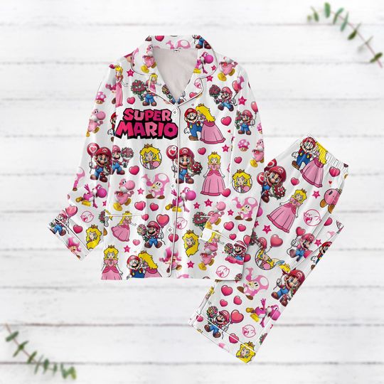 Super Mario And Princess Peach Couple Pajamas Set, Valentines Day Womens Pajamas, Pajamas For Party, Holiday Couple Pajamas For Her Him