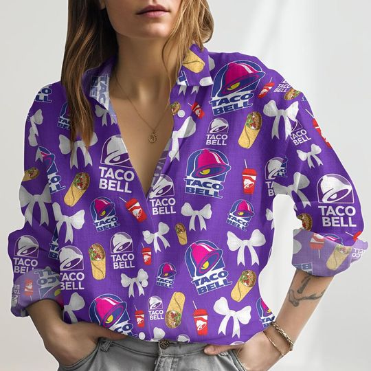 Taco Bell Linen Shirt Women, Coquette Bow Casual Shirt, Mexican Food Long Sleeve Shirt, Taco Bell Blouse Shirt, Trendy Women Shirt