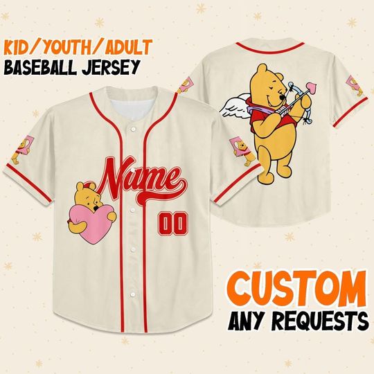 Personalize Pooh Valentine Ivory Baseball Jersey, Disney Valentine Jersey, Pooh And Friends Valentine Jersey, Happy Valentines Day