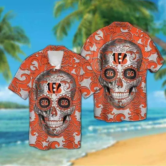 Cincinnati Bengals Sugarskull Short Sleeve Button Up Tropical Hawaiian Shirt