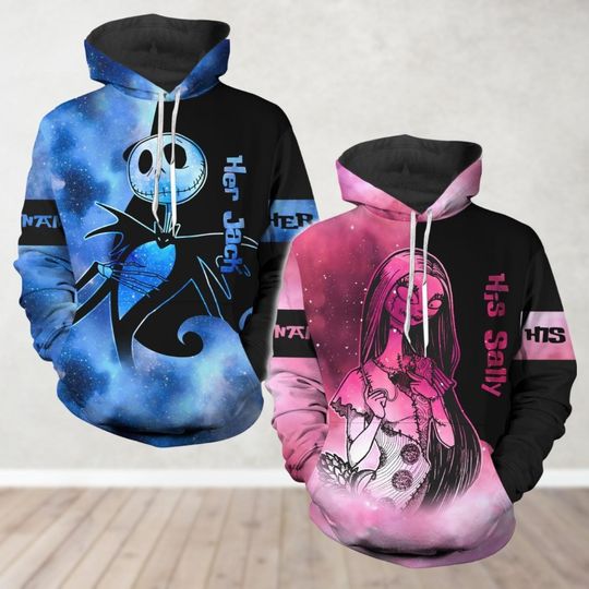 Valentine's Day Jack And Sally Couple 3D Hoodie, Disney Matching 3D Hoodie, Nightmare Before Christmas 3D Hoodie
