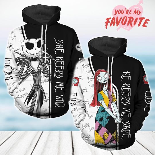 Disney Jack Skellington And Sally Couple 3D Hoodie, She Keeps Me Wild He Keeps Me Safe 3D Hoodie, Pumpkin King Queen 3D Hoodie