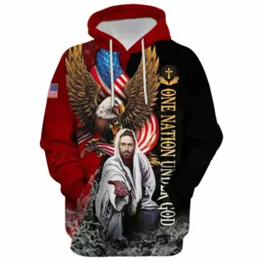 Eagle Jesus Reaching Hand America One Nation Under God 3D Hoodie