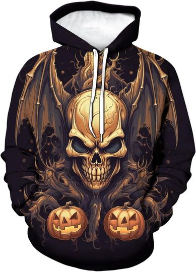 Halloween Novelty 3D Hoodie, Pumpkin Skull Printed Pullover 3D Hoodie