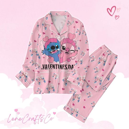 Stitch And Angel Pajamas Set, Disney Stitch Valentine Pajamas Family