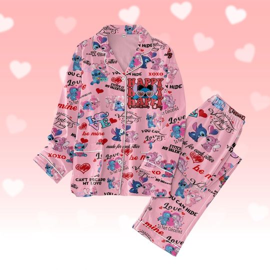 Stitch Valentines Pajamas Set, Stitch And Angel Couple Pajamas Set