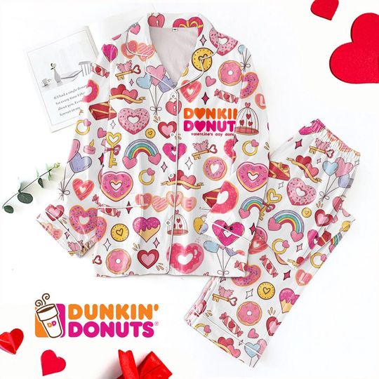 Valentine Dunkin Donut Pajamas Set, Dunkin Coffee Pajamas Set
