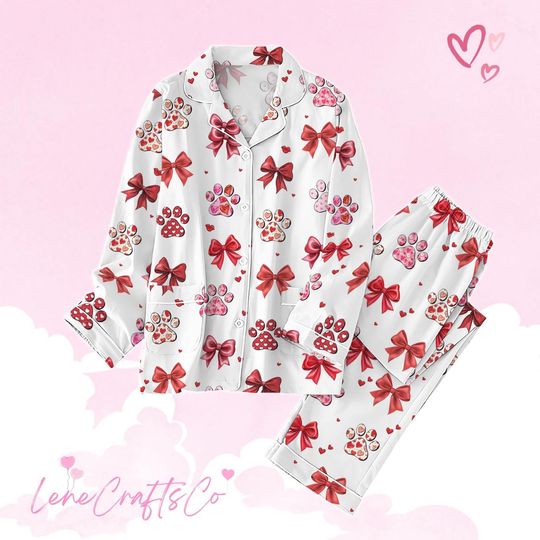 Coquette Bow Thick Pajamas Set, Dog Valentine Pajamas Pajamas Set