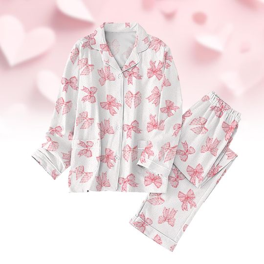 Coquette Valentines Day Pajamas Set, Pink Coquette Bow Holiday Pajamas Set