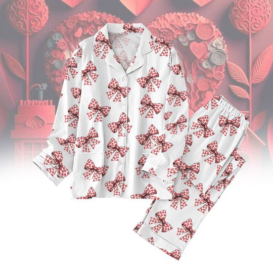 Valentine Coquette Bow Couple Pajamas Set, Bow Valentine Long Sleeve Pajamas Set