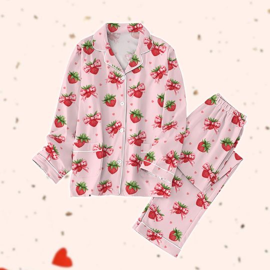 Coquette Strawberry Valentine Pajamas Set, Coquette Bow Holiday Pajamas Set