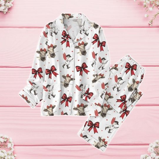 Highland Cow Valentine Pajamas Set, Cupid Couple Matching Pajamas Set