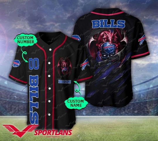 Personalized Buffalo Bills Baseball Jersey, Sunday Football, Bills Skull Baseball Jersey