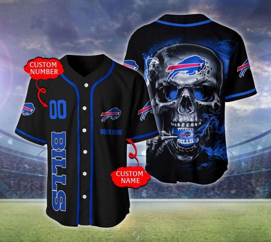 Personalized Buffalo Bills Baseball Jersey, Sunday Football, Buffalo Skull Baseball Jersey