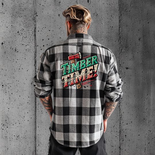 Lumberjack Flannel Shirt with Timber Time Graphic - Rustic Outdoor Apparel for Camping, Woodworkers, and Nature Lovers, Cozy Flannel