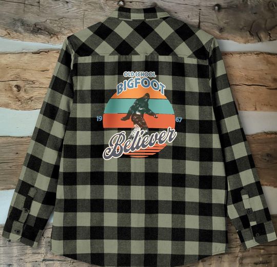 Bigfoot Lover Unisex Flannel Shirt Sasquatch Button-Down Top, Woodsy Nature Enthusiast Gift Outdoorsy Plaid Jacket Mountain Adventure