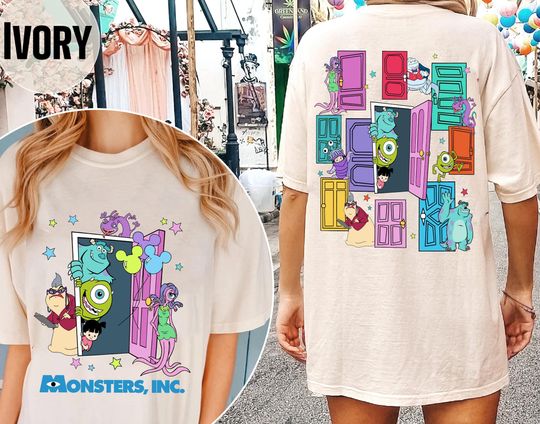 Two Sided Monsters Inc Door with Balloon Comfort Colors Shirt, Mike Sulley Boo Celia Roz, Disney Monster Tee, Magic Kingdom, Disneyland Trip