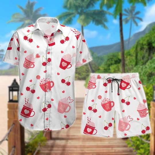 Cherry Love Coffee Button Shirt, Valentine Coquette Heart Hawaiian Shirt and Shorts Set