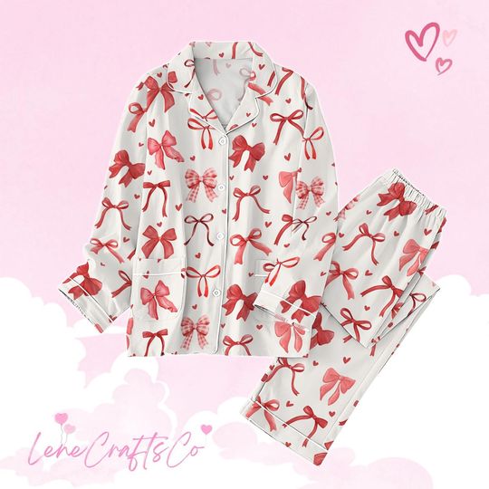 Cute Coquette Valentine's Pajamas, Red Coquette Bow Pajamas For Party, Happy Valentine Pajamas Family, Coquette Heart Holiday Pajamas