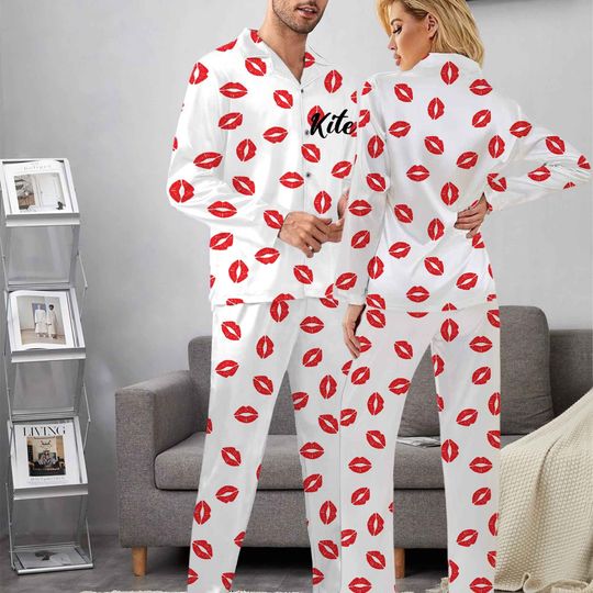 Lips Pattern Custom Couples Pajamas, Name Design Home Wear for Couple, Personalized Anniversary Gifts for Boyfriend, Fashionable Clothing