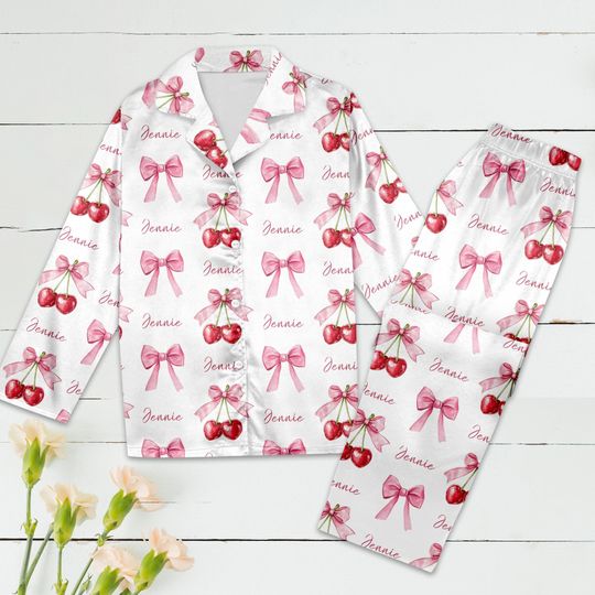 Personalized Pink Bow Pajamas Set, Customized Cute Cherry Pajamas, Heart Holiday Pajamas, Cute Coquette Valentine's Pajamas, Gift For Her
